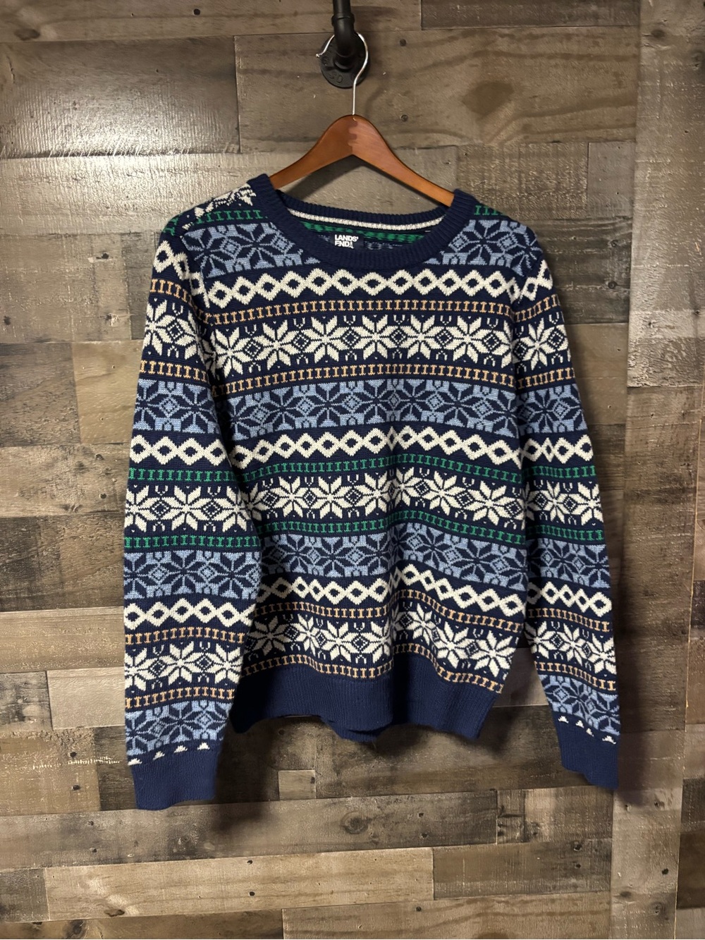 Lands' End Blue Fair Isle Woolblend Crewneck Sweater w/ Green & White Accents L